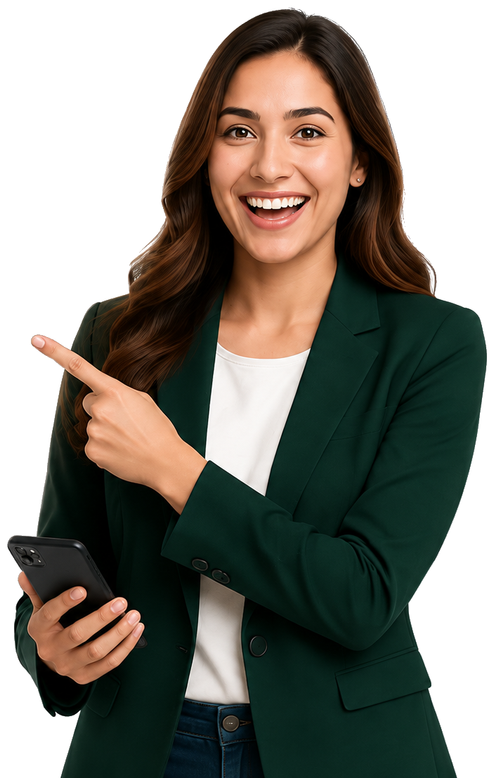 Happy customer checking personal loan eligibility on her phone